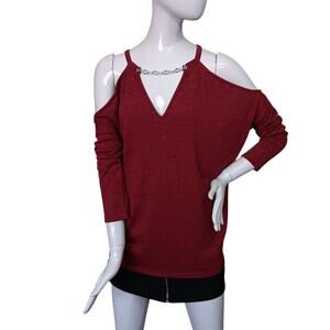 Select Fine Knit Top Size 6 Oversized Silver Chain Across Neckline Cold Shoulder